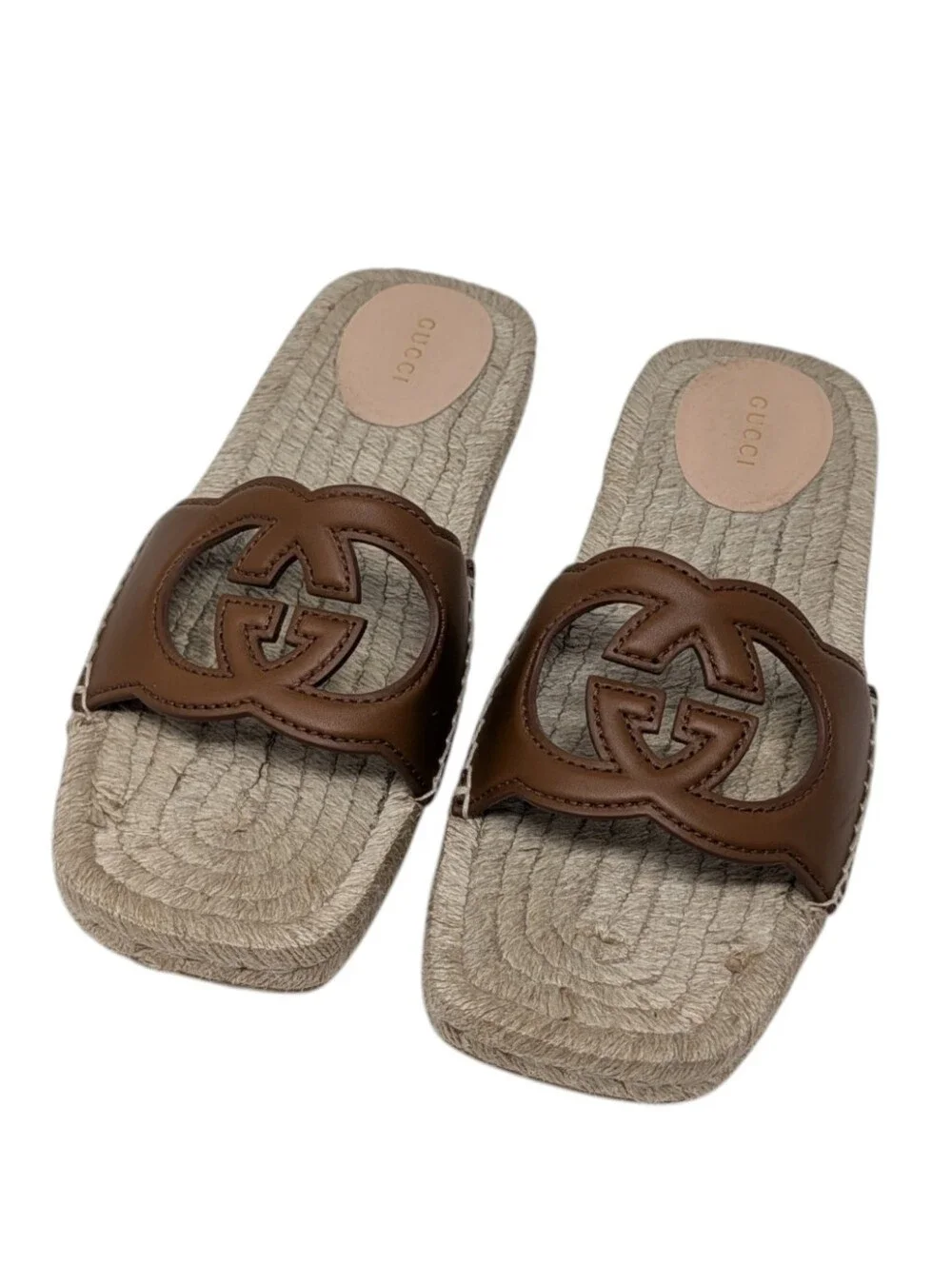 Gucci Interlocking G Brown Leather Espadrilles Flat Slide Sandals Size EU 38